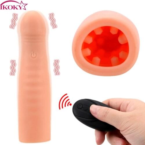 IKOKY Sex Toys For Men Reusable Realistic Dildo Vibrator Delay Ejaculation Electric Penis Vibrating Cock Sleeve Penis Sleeve
