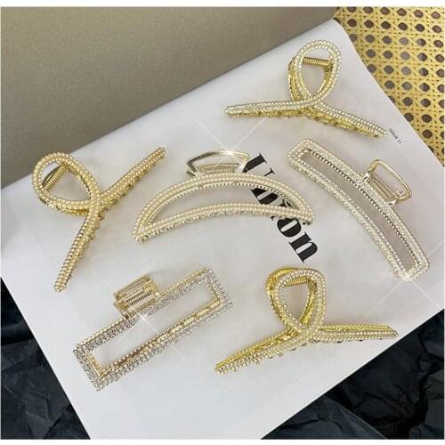 Alloy Pearl Hair Claw Golden Rhinestone Back Head Metal Hairpin Shark Clip Wholesale