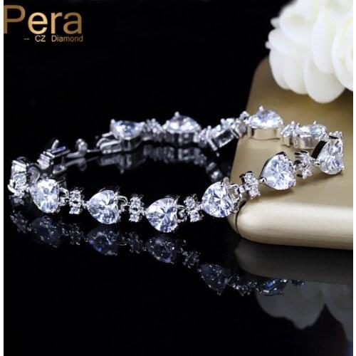 Pera Luxury CZ White Gold Color Jewelry Big Heart Shape Connected Cubic Zirconia Crystal Women Evening Party Bracelet B098