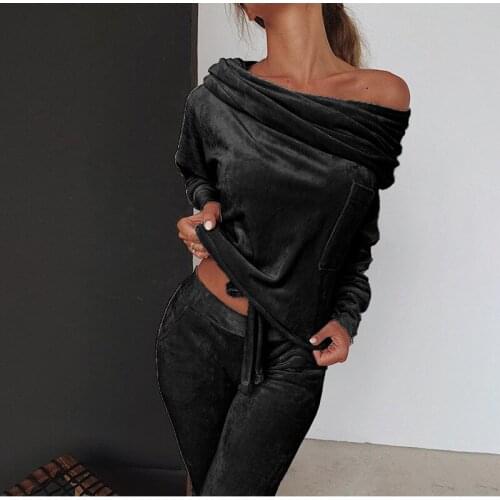 Sweatshirt Women 2 pieces Set Tracksuit Autumn One shoulder Sweatshirt Pants Sets Sport Wear Tracksuit Velvet Lounge Suit