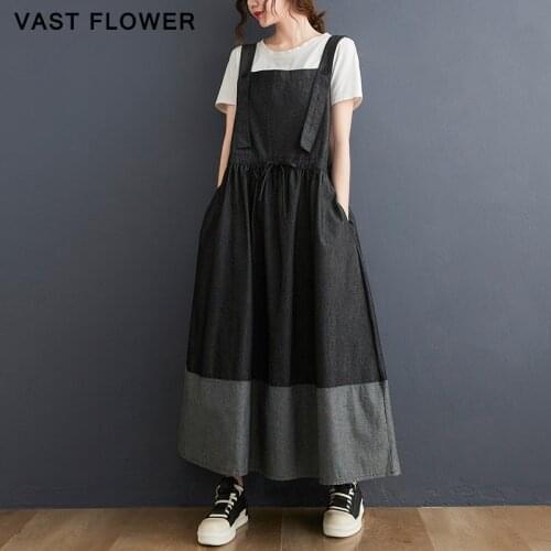Contrast Color Vintage Denim Strap Dresses For Women New Sleeveless Casual Loose Summer Dress Vestidos Fashion Clothes 2021
