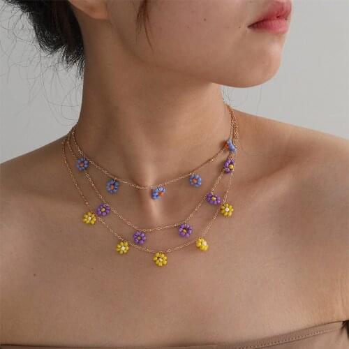 Women Short Necklace Flower Ethnic Vintage Charm Necklace Choker Necklace Colorful Beads Weave Necklace Sweet Necklaces Collar