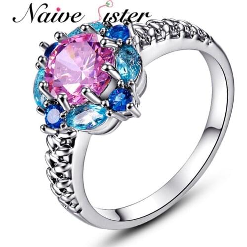 Fashion Wedding Band For Women 8mm Big Pink&Blue Cubic Zirconia Paved Engagement Ring Best Jewelry Gifts