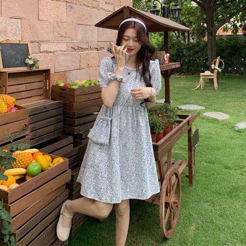 Sweet Fresh 2021summer New Mid-Length Loose Slimming Lace-up Floral Short Sleeve Dress for Women lolita dress kawaii dress