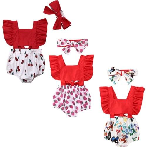 2021 Summer baby girl clothing set Backless Cherry Romper + Headband Ruffle Big Bow baby girl clothes Newborn Outfits