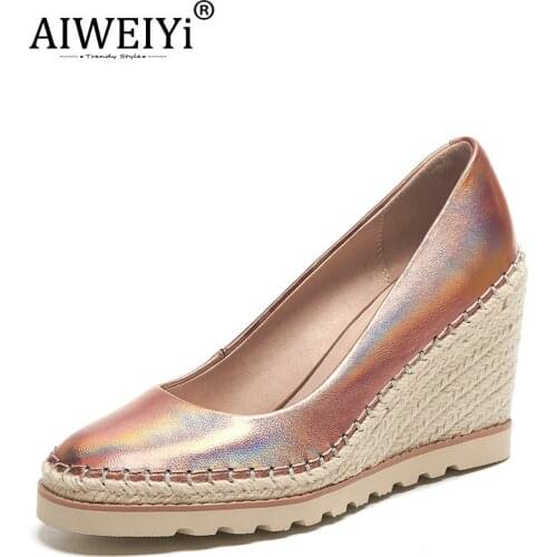 AIWEIYi Wedges Shoes Platform Casual Shoes Shallow Mouth Leather High Heel Champagne Single Shoes Women Pumps