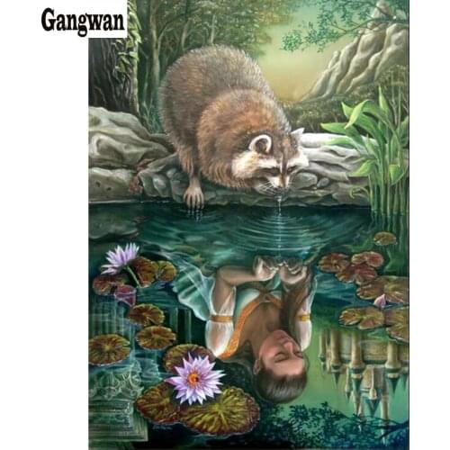 Diamond painting Raccoon with beauty girl castle reflection landscape diamond embroidery sale cross stitch 5d mosaic hobby decor