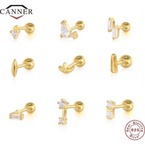 CANNER 100% Real 925 Sterling Silver Diamond Zircon Stud Earrings for Women Gold Color Piercing Earring Jewelry Gift Pendientes
