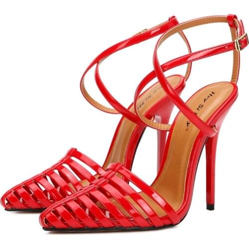 Mature Patent Leather Solid Women Sandals Women Buckle Strap 12-14CM Thin High Heels Pointed Toe fashion Dress Party woman shoes
