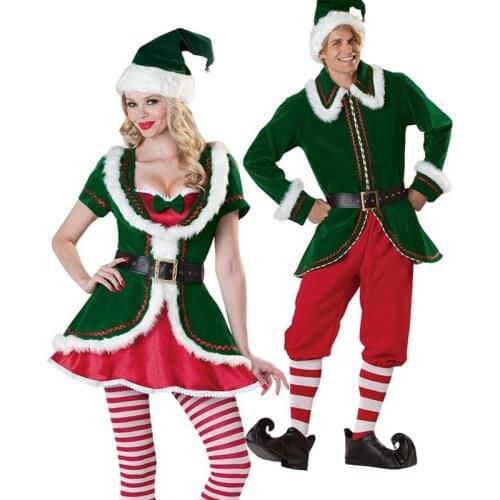 Men and women couple party green elf costume christmas costume set men and women santa helper cosplay