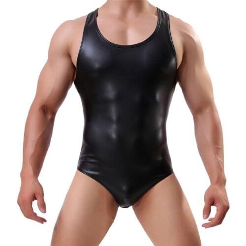 Men Sexy Bodysuits Faux Leather Erotic Jumpsuit Club Stage Costume PU Leather Gay Sex Lingerie One-Piece Bodysuits Male Clubwear