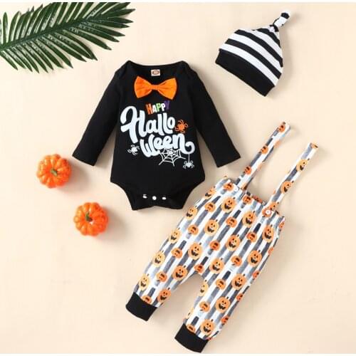 FOCUSNORM Baby Boy 3Pcs Halloween Outfits 0-18M Long Sleeve Bow tie Cartoon Printed Romper + Bib Pants + Hat Set
