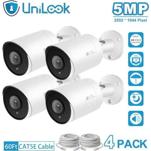 UniLook 5MP POE IP Camera with SD Card outdoor CCTV Security Camera onvif IP66 H.265 Audio Microphone Bullet camera 4Pack