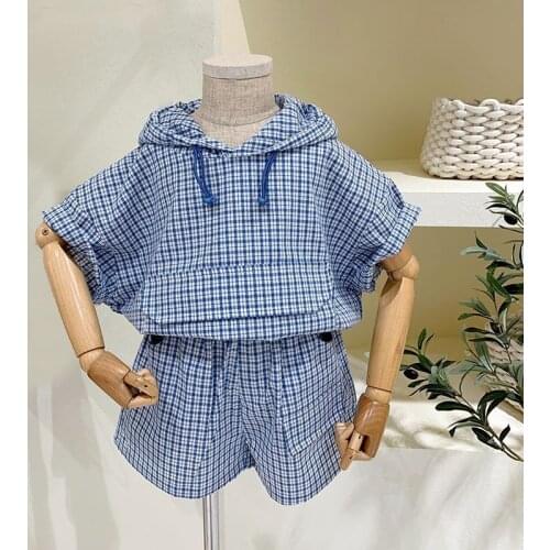 2021 Summer Boys Plaid Clothes Hooded T Shirt and Shorts 2 Pcs Suit