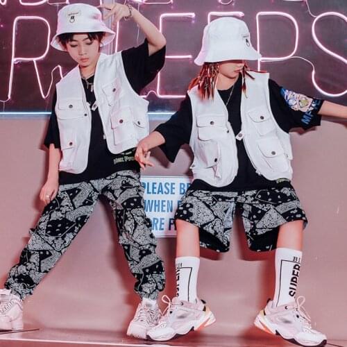 Boys Hip Hop Costume Kids Girls Tops Short Sleeve White Vest Hiphop Pants Outfit Modern Street Dance Performance Clothing BL5858