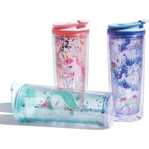 Summer Cold Drink Juice Coffee Cup Portable Fashion Double Straw Unicorn Boy Girl Plastic Cup Novelty Gift