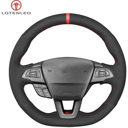 LQTENLEO Black Suede Car Steering Wheel Cover For Ford Focus (RS | ST | ST-Line) 2015-2018 Kuga (ST-Line) Ecosport (ST-Line)