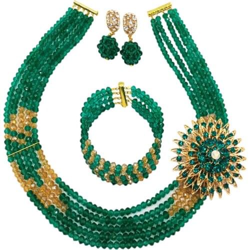Fashion Teal Green Gold AB Crystal Beaded Multi Strands Necklace Nigerian Wedding African Beads Jewelry Set for Women 5C-YHK16