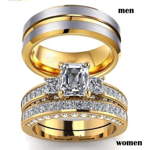 Fashion Gold-Color Couple Rings - Mens Stainless Steel Rings Womens White Zircon Ring Set Wedding Jewelry Valentines Day Gift