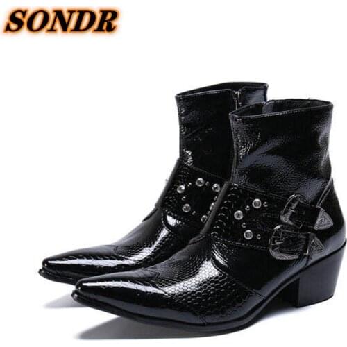 Men Boots Business Pointed Toe Ankle Boots Office Formal Dress Rivets Shoes Man Black Snake Skin Shoes Double Buckle Strap Shoes
