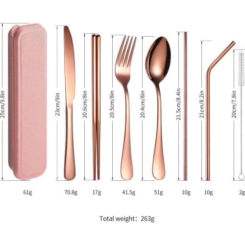 Stainless steel portable tableware wheat box set 7-piece set knife and fork spoon chopstick straw spoon set