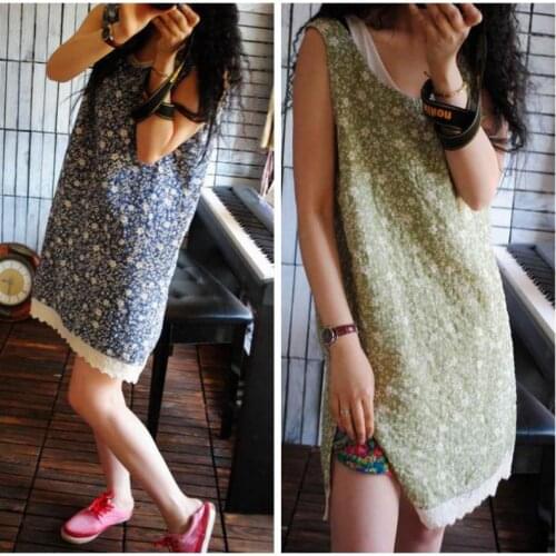 New 2017 Summer Tank Dress Cotton Vestidos Mori Girls Women Floral Print Casual Dresses Lace Patchwork Cotton Linen Women Dress