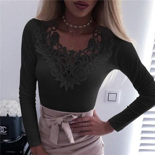 2020 Newest Hot Womens Blouse Sexy White Lace Patchwork V Neck Long Sleeve Shirt Ladies Casual Slim Blouse Blusa De Mujer