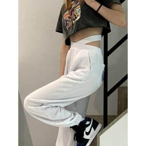 2021 New Coss Strap Sports Long Pants New Casual High Waist Loose Straight Love Pocket Korean Fashion Thin Trousers Streetwear