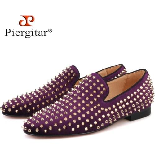 Piergitar 2019 Handmade Purple velvet with gold rivets men loafers Fashion Party and prom somking slippers plus size mens shoes