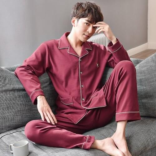 Spring&Autumn New Men Pajama Set Long Sleeve Cotton Man Pyjamas Solid Color Plus Size Pajamas Casual Turn-down Collar Sleepwear
