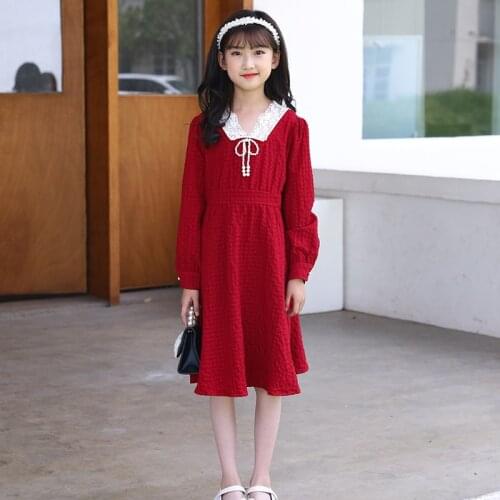 Autumn 2021 New Beading Teen Girls Dress Lace Patchwork Collar Childrens Dresses Kids Clothes Baby Clothing Spring Red Color