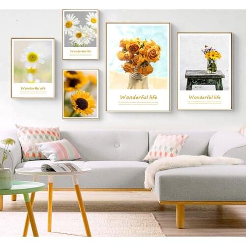 Sunflowers Little Daisy Art Fresh Pictures White and Yellow Floral Canvas Prints Modern Dining Living Room Wall Painting Decor