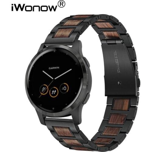 Stainless Steel & Natural Wood Watchband for Garmin Vivoactive 4 45mm / Vivoactive 3 / Venu Sq / Vivomove HR Watch Band Strap