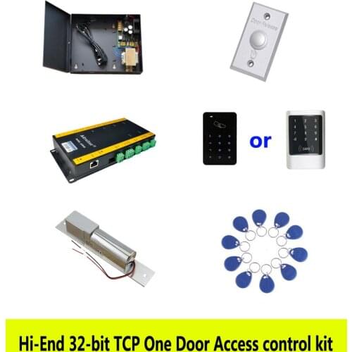 RFID Hi-end 32-bit access control kit,TCP/ip one door+powercase+bolt lock +ID touch keypad reader+button+10 ID tags,sn:kit-AT102