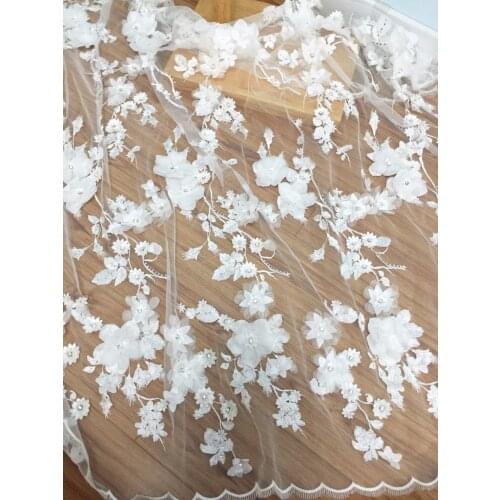 One yard Luxury 3D Beaed Lace Fabric in Off White , Scalloped Bridal Dress Wedding Gown Lace Fabric , Haute Couture Fabric