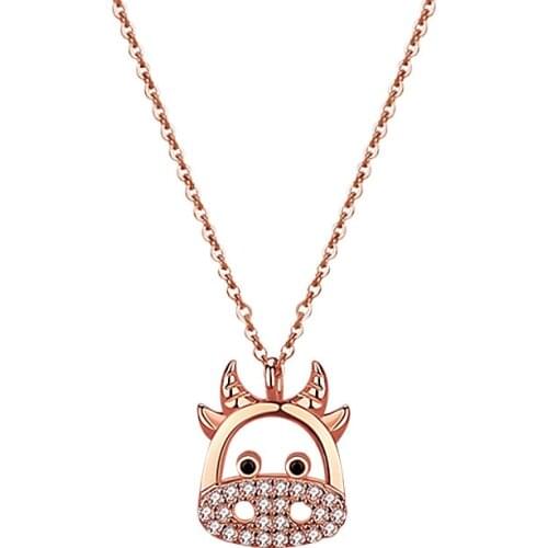 2101 S925 Sterling Silver Plated Rose Gold Cute Cow Necklace Female Niche Design Zircon Clavicle Chain Zodiac Cow Pendant