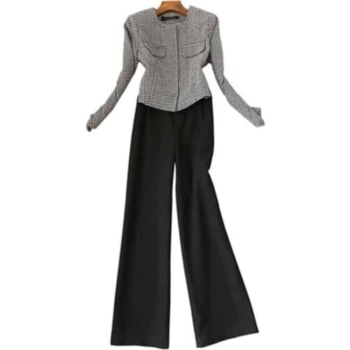 Fashion Plaid Suit Set Autumn and winter new temperament ladies plaid woolen coat + wide leg pants trousers Two-piece suit women
