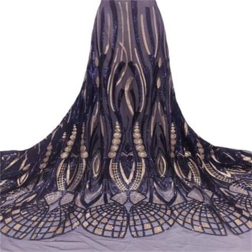 2021 Hot Sale Sequins French Tulle Lace Fabric Blue /Gold African Lace Fabric Sequence Lace Material For Party Wedding Sewing