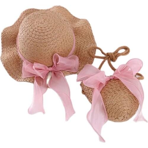 2021New Fairy Bowknot Ribbon Children Sun Hat Bag Set Summer Brand Falbala Beach Straw Hat For Girl Kid Wide Brim Cap