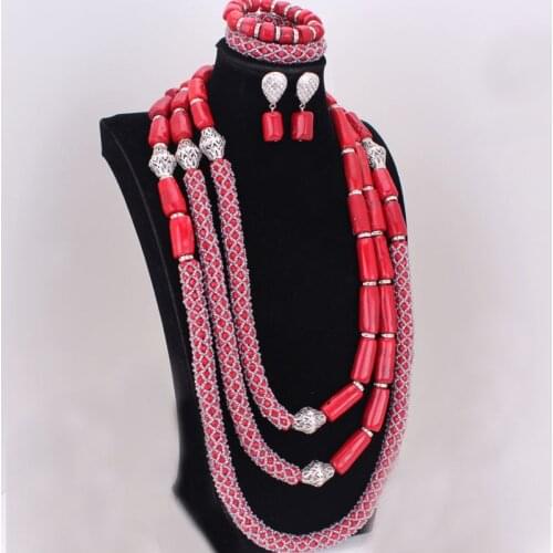 4ujewelry Latest African Nigerian Wedding Red Coral Beads Necklace With Crystal Beaded Design 3 Layers 2021