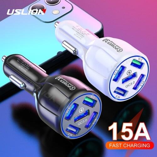 USLION LED 5 Ports USB Car Charge 15A Quick Mini Fast Charging For iPhone 12 Xiaomi Huawei Mobile Phone Charger Adapter in Car