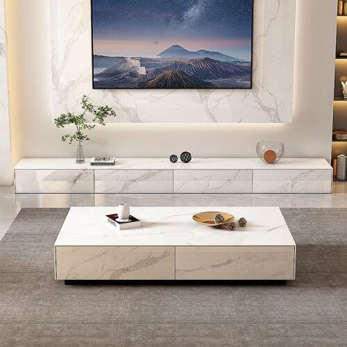 White Luxury Glossy Surface Marble Rock Tea Table TV Cabinet Modern Simple Living Room Household Storage Cabinet Large Tables
