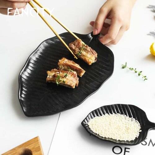 FANCITY Black dishes, household dishes, irregular ceramic leaves, specialty restaurants, Japanese sushi creative western dishes