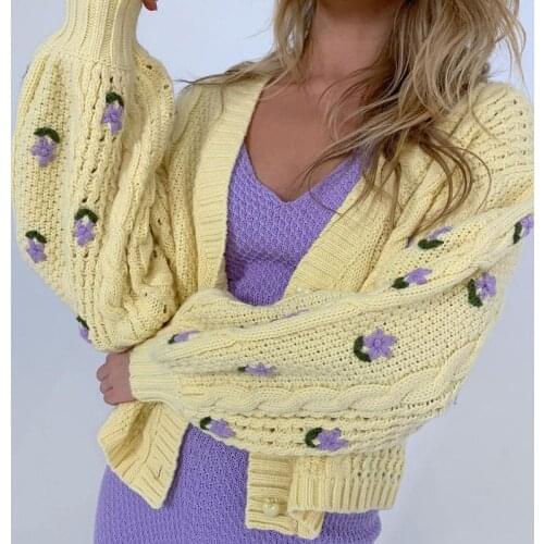 COKAGO Flower Embroidery Knitting Cardigan Sweater Women Elegaht V Neck Short Style Cardigans Female Oversize Sweaters Coat