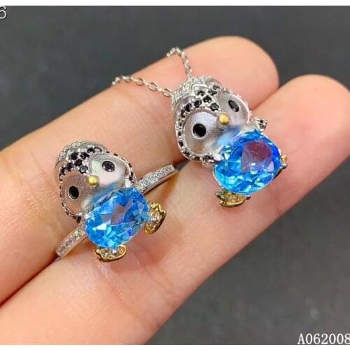 KJJEAXCMY Fine Jewelry 925 Sterling Silver Inlaid Natural Blue Topaz classic Ring Necklace Pendant Set Support test