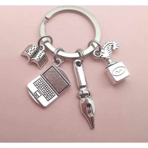Hot sale laptop keychain fashion book pen ink key ring learning keychain teacher student jewelry teachers day jewelry gift