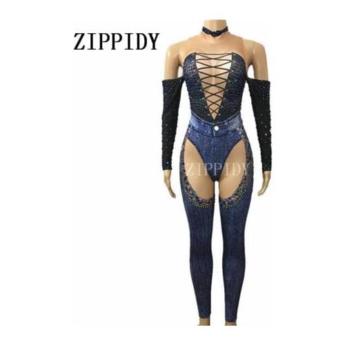 Fashion Blue Jeans Rhinestones Jumpsuit Sexy Denim Printed Costume Bling Womens Sequins Bodysuit Rompers Female Prom Outfit