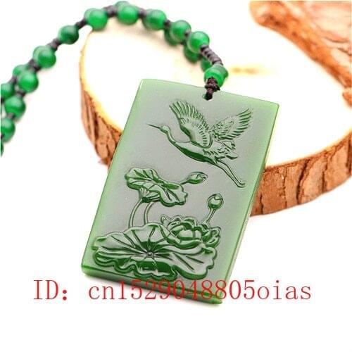 Natural Green Chinese Jade Lotus Crane Pendant Beads Necklace Fashion Charm Jadeite Jewelry Carved Amulet Gifts for Women Men