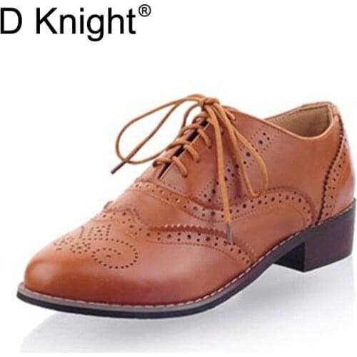 Women Oxfords New Vintage Pu Lace Up Flat Oxfords For Women Big Size 34-43 Ladies Casual Flat Oxford Shoes Carved Brogue Oxfords