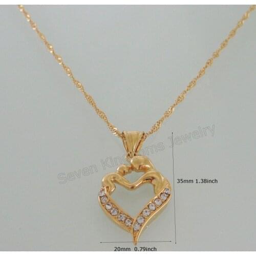 VIVID YELLOW GOLD OVERLAY FILLED 18" NECKLACE & MUM MOM HUG BABY IN ARM CZ STONE IN HEART SHAPE PENDANT UNIQUE